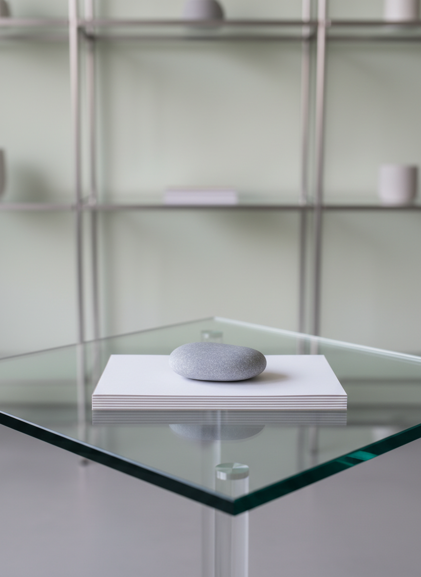 A single smooth river stone, cool gray with a slight blue undertone, rests squarely atop a stack of orderly blank notecards edged with subtle silver. The arrangement sits on a glass tabletop with clean, sharp corners, surrounded by a softly blurred backdrop of slim metallic shelving and neutral pastel walls. Gentle overhead studio lighting renders the stone’s matte texture and amplifies the pristine orderliness of the scene, producing crisp shadows and subtle highlights on all surfaces. The shot is composed from a slightly elevated angle with centered framing, emphasizing balance and focus. The mood is serene and contemplative, conjuring an atmosphere devoid of clutter and interruptions. The style is clean, modern photographic realism, perfectly matching the site’s dedication to achieving mental clarity and cutting through distractions.