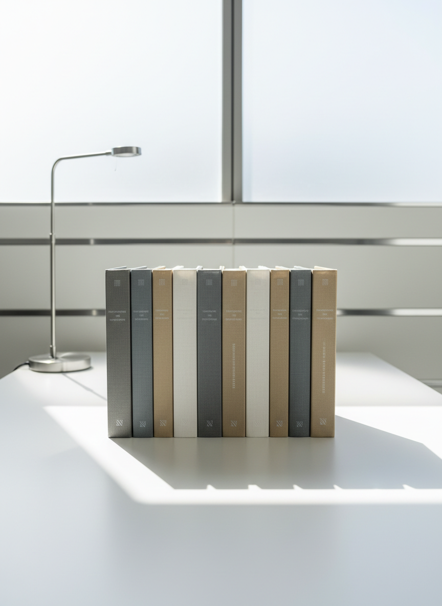 A neatly stacked pile of hardcover books, each with textured linen covers in cool neutral tones—gray, ivory, and taupe—sits atop a flawless, matte white desk. The scene is set within a sophisticated modern office environment, where clean lines define the space and subtle chrome accents add understated elegance. Diffused natural daylight streams through a large frosted glass window, casting soft, balanced highlights across the book spines and creating gentle, elongated shadows on the desk. The composition is shot from an eye-level perspective with precise, symmetrical framing, evoking a sense of clarity and quiet focus. The atmosphere is calm, professional, and organized, reinforcing the site's theme of eliminating distractions for personal growth. The photographic realism and minimalist, corporate aesthetic underscore a commitment to structured self-improvement.